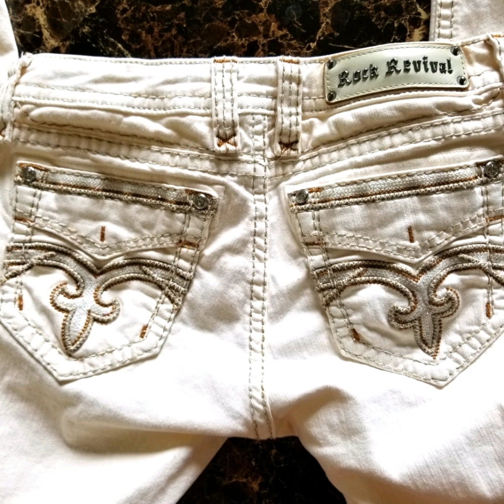 Rock Revival White Skinny Jeans with Silver Embroidery